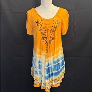Boho Chic Orange and Blue Tie-Dye Pattern Embroidered  Women's Tunic